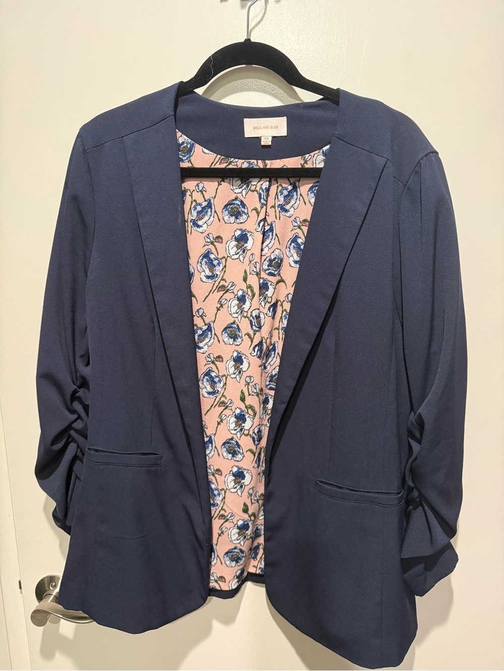 Skies Are Blue Navy Open-Front Blazer with Pink Floral Lining